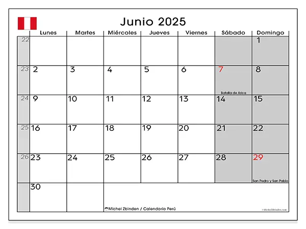 Calendario de Perú para imprimir gratis, junio 2025. Semana:  De lunes a domingo