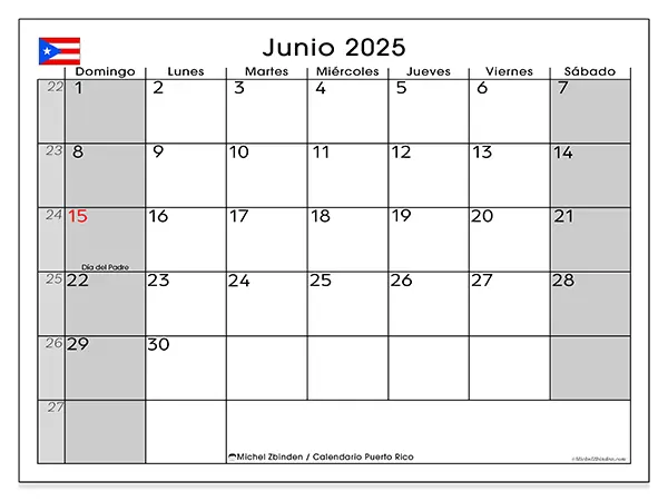 Calendario para imprimir Puerto Rico para junio de 2025. Semana: Domingo a sábado.