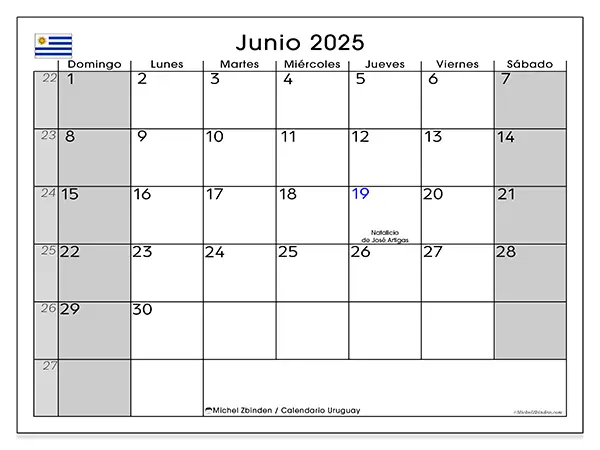Calendario para imprimir Uruguay para junio de 2025. Semana: Domingo a sábado.