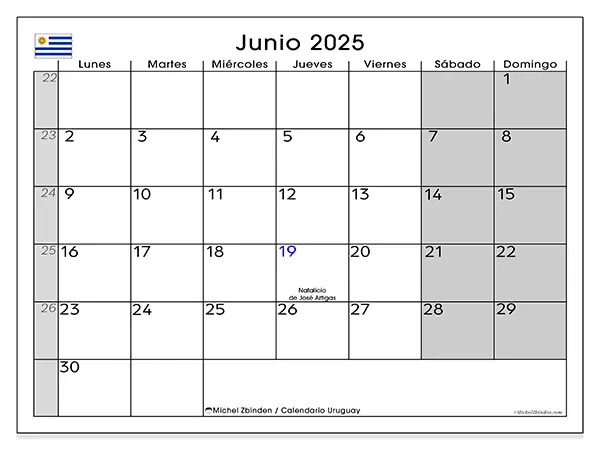 Calendario de Uruguay para imprimir gratis, junio 2025. Semana:  De lunes a domingo