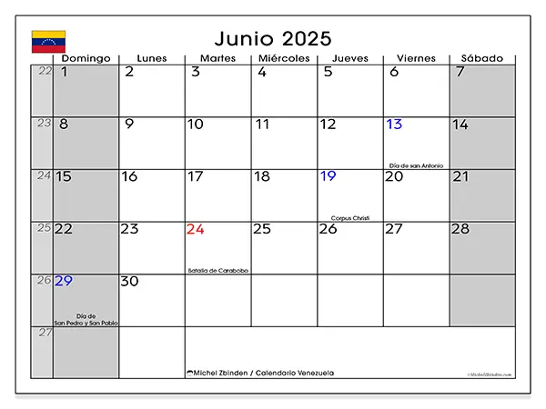 Calendario para imprimir Venezuela para junio de 2025. Semana: Domingo a sábado.