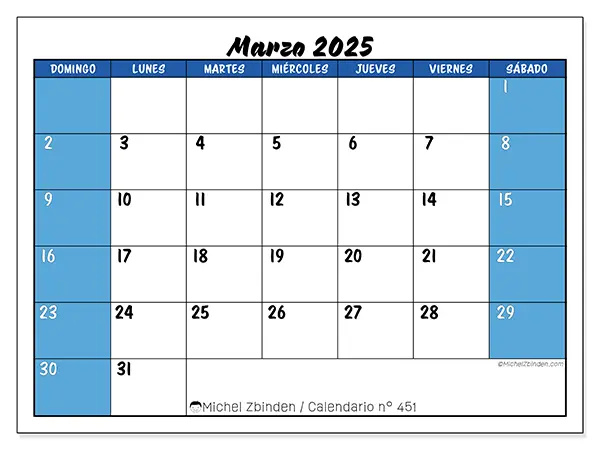 Calendario n.° 451 para imprimir gratis, marzo 2025. Semana:  De domingo a sábado