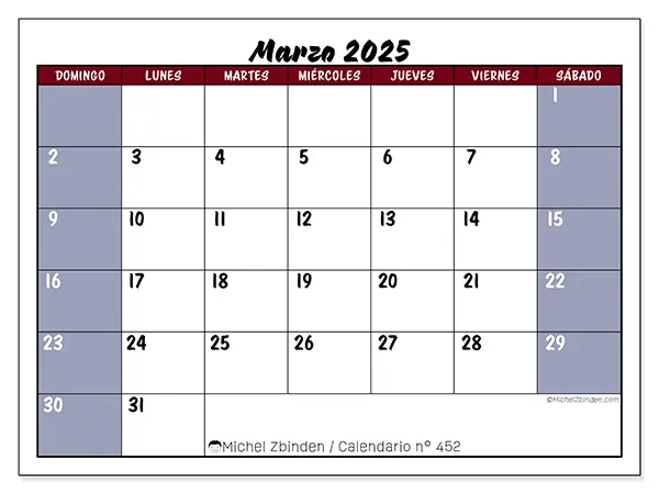 Calendario n.° 452 para imprimir gratis, marzo 2025. Semana:  De domingo a sábado
