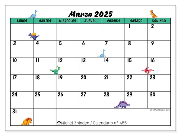 Calendario n.° 455 para marzo de 2025 para imprimir gratis. Semana: De lunes a domingo.