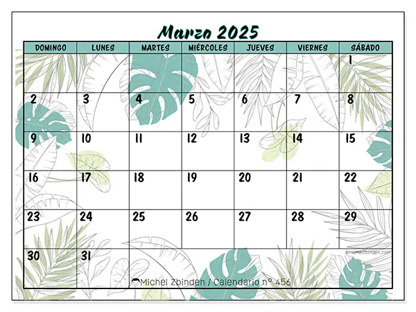 Calendario n.° 456 para imprimir gratis, marzo 2025. Semana:  De domingo a sábado