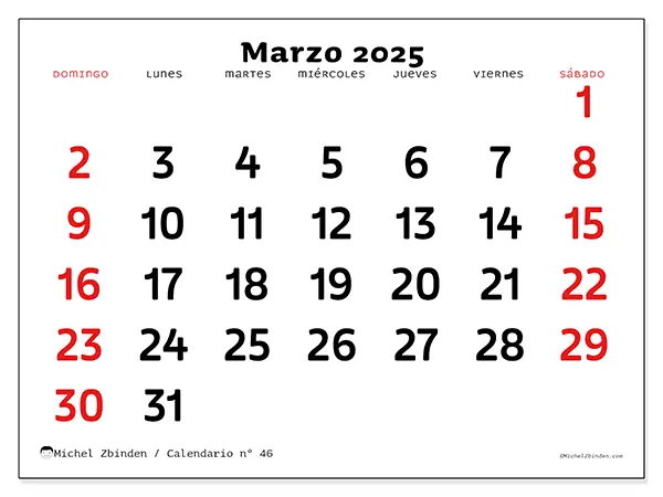 Calendario n.° 46 para marzo de 2025 para imprimir gratis. Semana: De domingo a sábado.