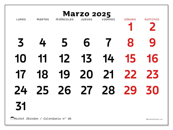 Calendario n.° 46 para marzo de 2025 para imprimir gratis. Semana: De lunes a domingo.