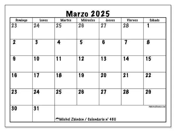 Calendario n.° 480 para imprimir gratis, marzo 2025. Semana:  De domingo a sábado