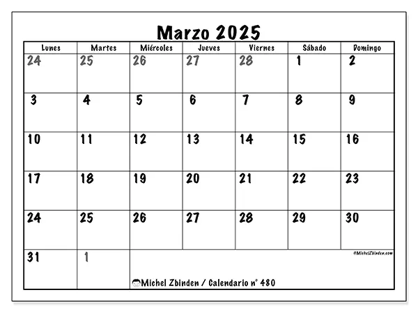 Calendario n.° 480 para marzo de 2025 para imprimir gratis. Semana: De lunes a domingo.