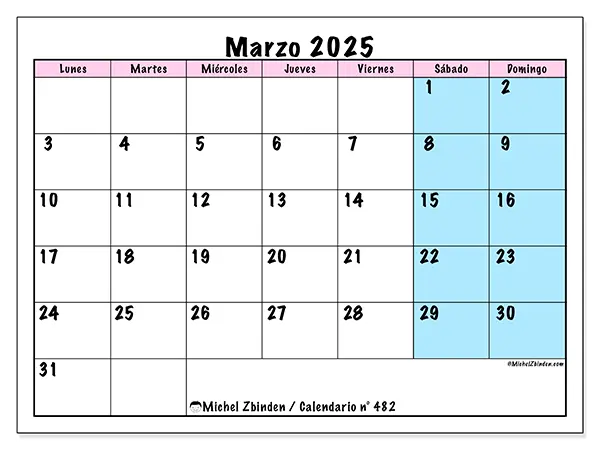 Calendario n.° 482 para marzo de 2025 para imprimir gratis. Semana: De lunes a domingo.