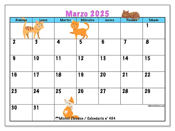 Calendario n.° 484 para marzo de 2025 para imprimir gratis. Semana: De domingo a sábado.