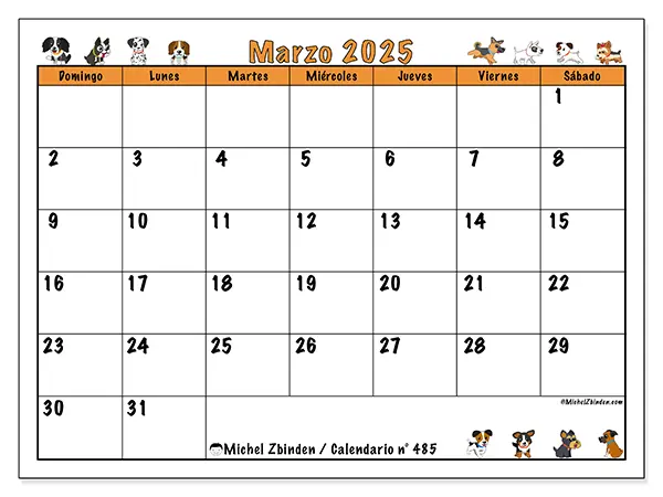 Calendario para imprimir n° 485, marzo de 2025