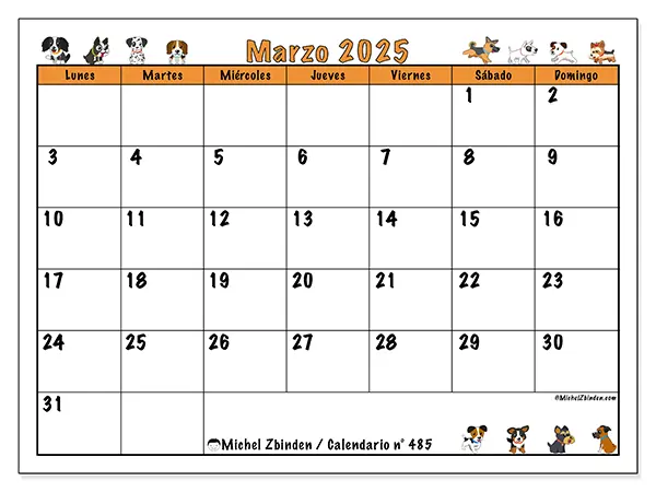 Calendario n.° 485 para marzo de 2025 para imprimir gratis. Semana: De lunes a domingo.
