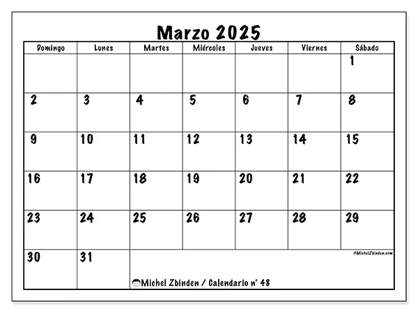 Calendario n° 48 para imprimir gratis, marzo 2025. Semana:  De domingo a sábado