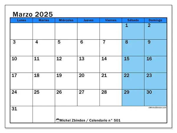 Calendario n.° 501 para marzo de 2025 para imprimir gratis. Semana: De lunes a domingo.