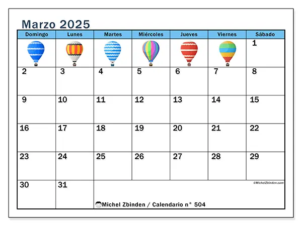 Calendario para imprimir n° 504, marzo de 2025