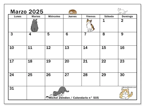 Calendario n.° 505 para marzo de 2025 para imprimir gratis. Semana: De lunes a domingo.