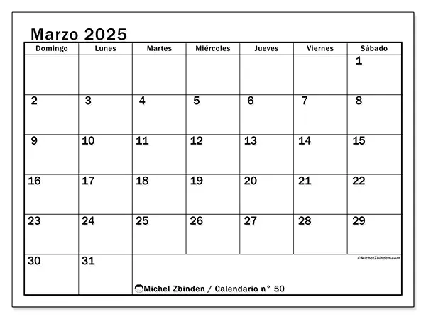 Calendario n.° 50 para marzo de 2025 para imprimir gratis. Semana: De domingo a sábado.