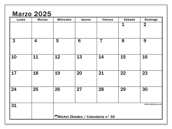 Calendario n.° 50 para marzo de 2025 para imprimir gratis. Semana: De lunes a domingo.