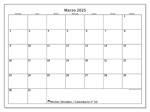 Calendario n.° 53 para marzo de 2025 para imprimir gratis. Semana: De domingo a sábado.