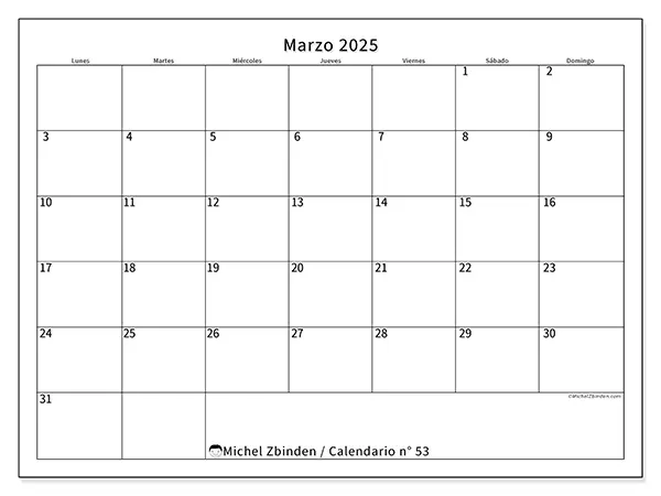 Calendario n.° 53 para marzo de 2025 para imprimir gratis. Semana: De lunes a domingo.