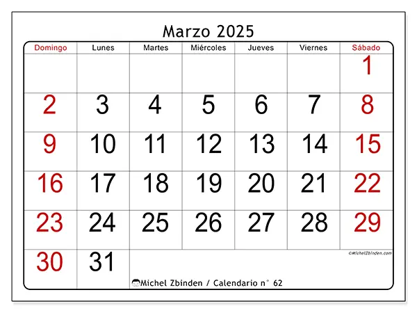 Calendario n.° 62 para marzo de 2025 para imprimir gratis. Semana: De domingo a sábado.