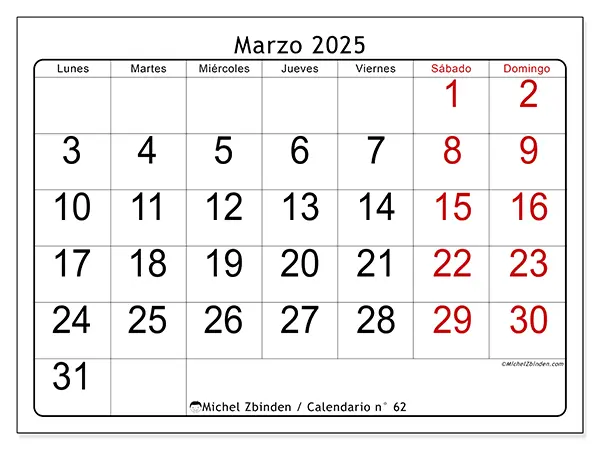 Calendario n.° 62 para marzo de 2025 para imprimir gratis. Semana: De lunes a domingo.
