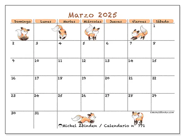 Calendario n.° 771 para marzo de 2025 para imprimir gratis. Semana: De domingo a sábado.