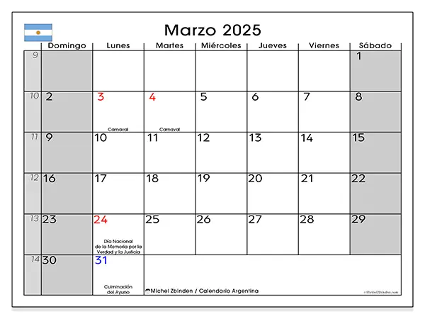 Calendario de Argentina para imprimir gratis, marzo 2025. Semana:  De domingo a sábado