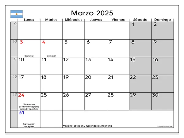 Calendario Argentina para imprimir gratis de marzo de 2025. Semana: De lunes a domingo.