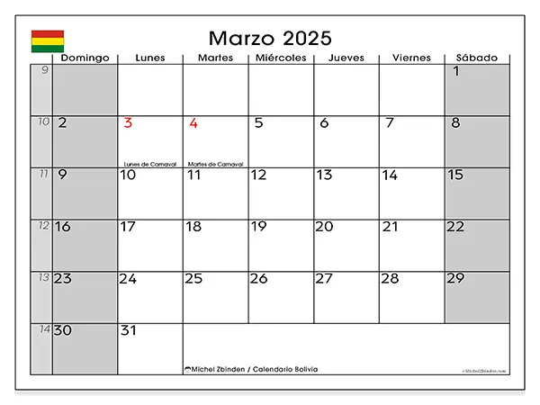 Calendario Bolivia para imprimir gratis de marzo de 2025. Semana: De domingo a sábado.
