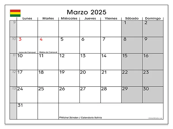 Calendario Bolivia para imprimir gratis de marzo de 2025. Semana: De lunes a domingo.