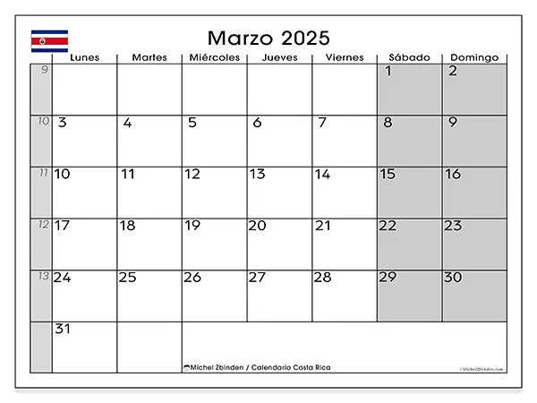 Calendario Costa Rica para imprimir gratis de marzo de 2025. Semana: De lunes a domingo.