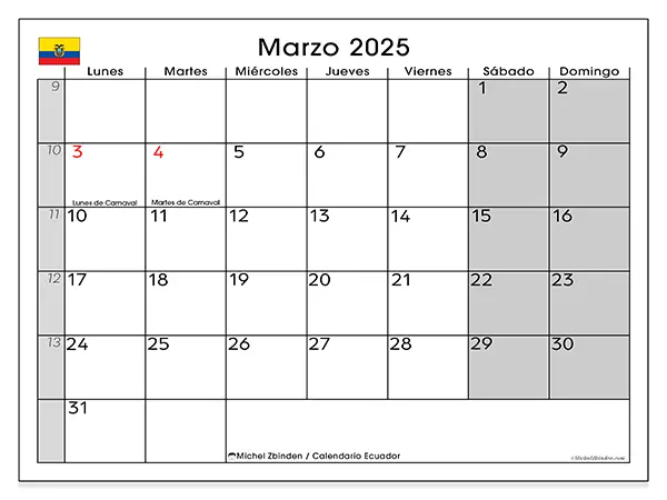 Calendario Ecuador para imprimir gratis de marzo de 2025. Semana: De lunes a domingo.