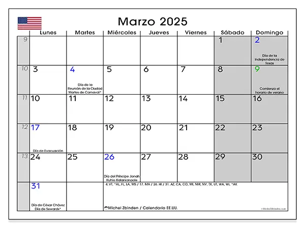Calendario para imprimir Estados Unidos, marzo de 2025