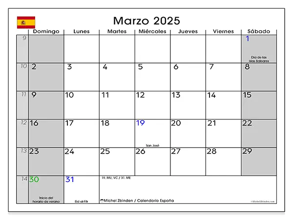 Calendario España para imprimir gratis de marzo de 2025. Semana: De domingo a sábado.