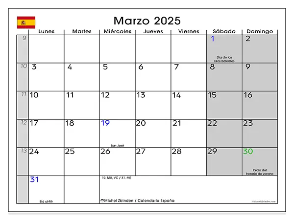 Calendario España para imprimir gratis de marzo de 2025. Semana: De lunes a domingo.