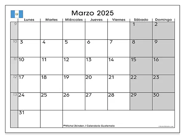 Calendario Guatemala para imprimir gratis de marzo de 2025. Semana: De lunes a domingo.