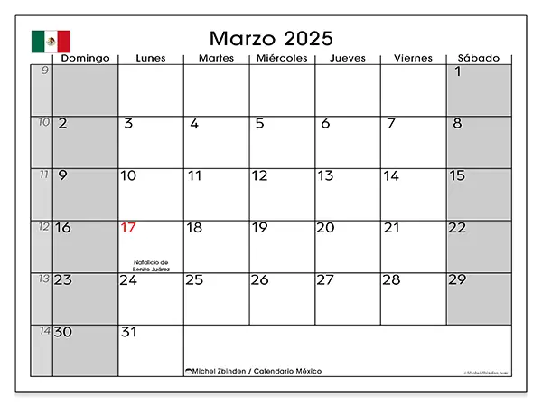 Calendario México para imprimir gratis de marzo de 2025. Semana: De domingo a sábado.