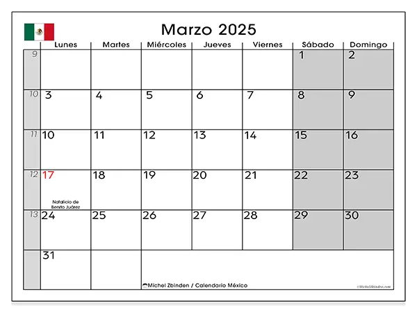 Calendario México para imprimir gratis de marzo de 2025. Semana: De lunes a domingo.