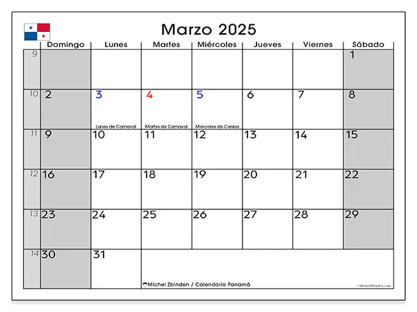 Calendario Panamá para imprimir gratis de marzo de 2025. Semana: De domingo a sábado.