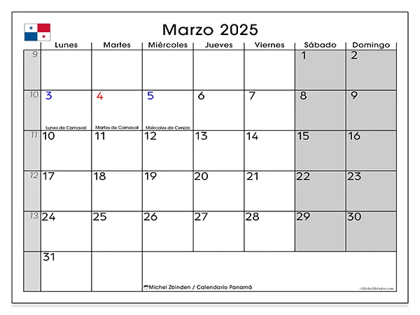 Calendario Panamá para imprimir gratis de marzo de 2025. Semana: De lunes a domingo.