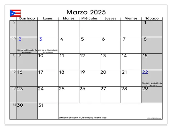 Calendario Puerto Rico para imprimir gratis de marzo de 2025. Semana: De domingo a sábado.