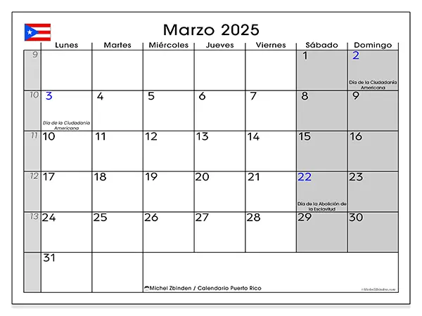 Calendario Puerto Rico para imprimir gratis de marzo de 2025. Semana: De lunes a domingo.