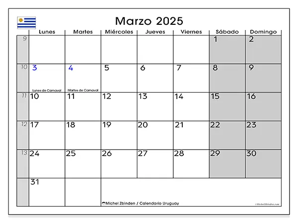 Calendario Uruguay para imprimir gratis de marzo de 2025. Semana: De lunes a domingo.