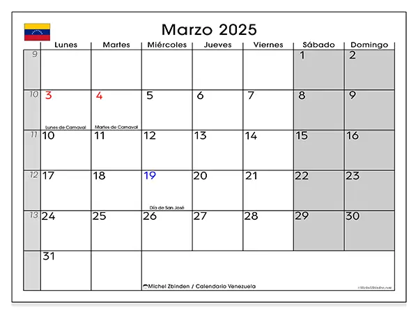 Calendario Venezuela para imprimir gratis de marzo de 2025. Semana: De lunes a domingo.