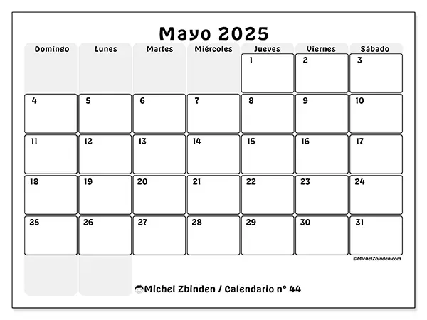 Calendario n.° 44 para imprimir gratis, mayo 2025. Semana:  De domingo a sábado
