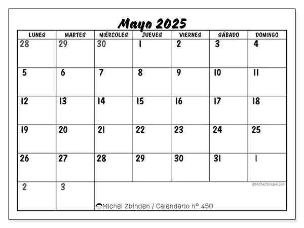 Calendario para imprimir n.° 450 para mayo de 2025. Semana: Lunes a domingo.