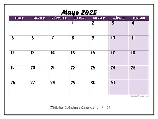Calendario para imprimir n.° 453 para mayo de 2025. Semana: Lunes a domingo.