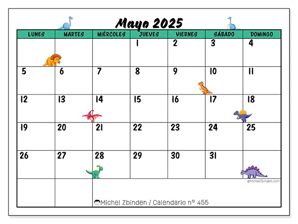 Calendario para imprimir n.° 455 para mayo de 2025. Semana: Lunes a domingo.
